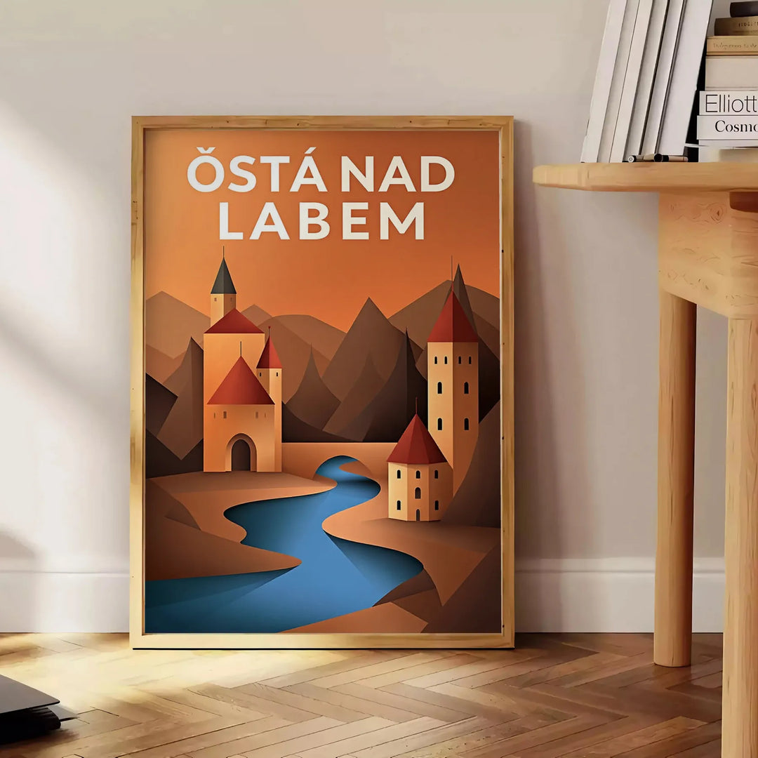 Poster Art Déco vintage di Ústí nad Labem, veduta cittadina in verde e grigio