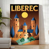 Poster vintage Art Déco Liberec con veduta urbana stilizzata giallo e verde