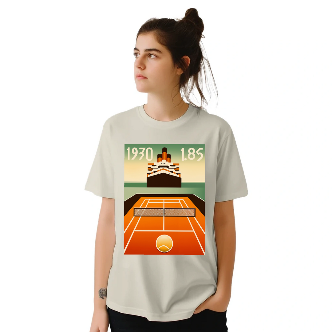 映画『タイタニック』をテーマにしたTシャツ。スタイリッシュで懐かしいデザインが特徴で、映画ファンにぴったりのアイテムです。