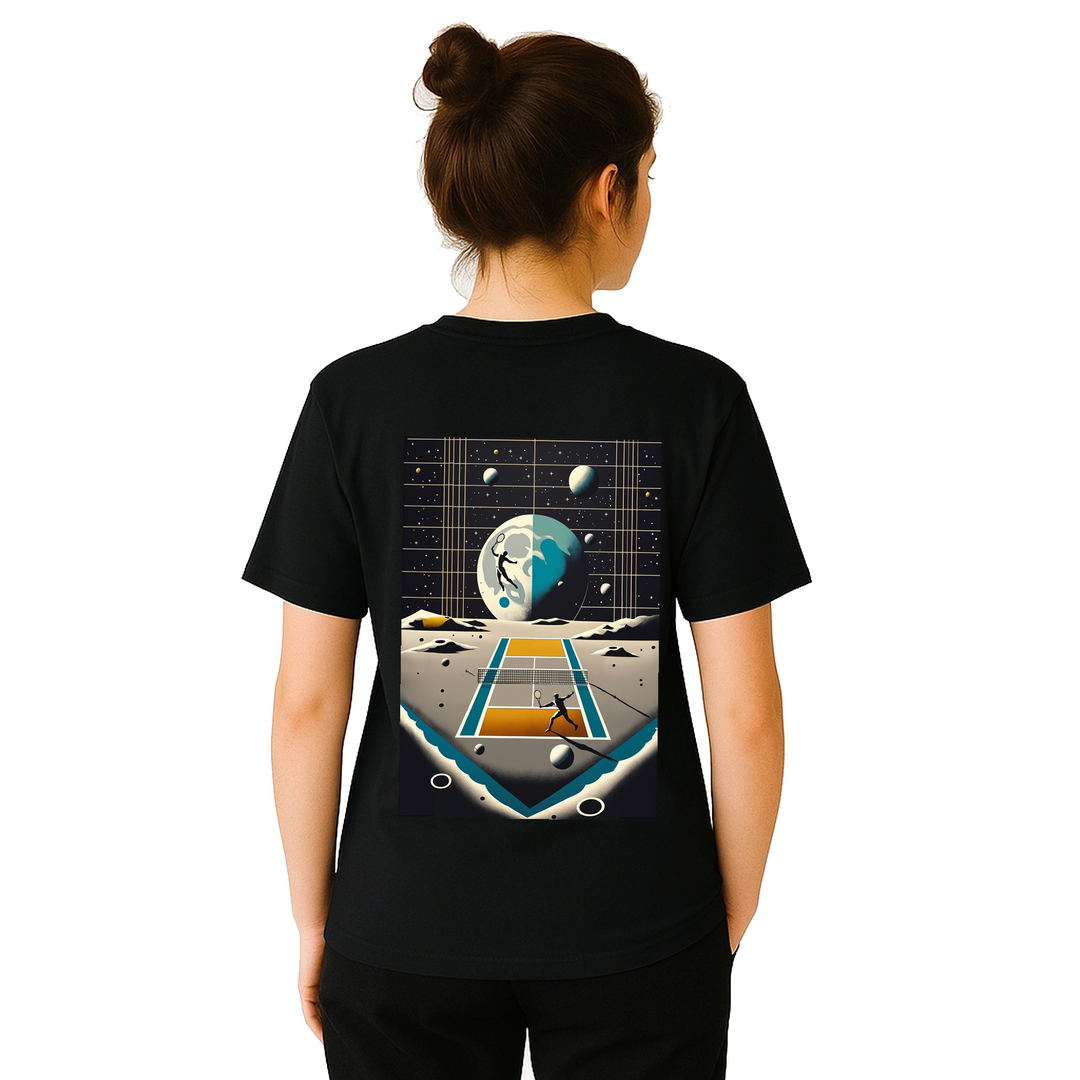 T-shirt Tennis Moon, design unico per appassionati di tennis e amanti delle stelle, realizzato in 100% cotone per il massimo
