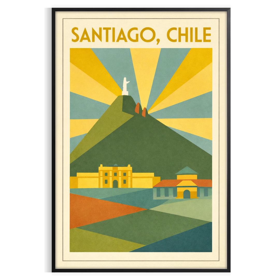 charm Santiago Chile vintage Art Deco poster vibrant orange gray hues space stunning artwork city beauty today decor dimensions A4 cm A0