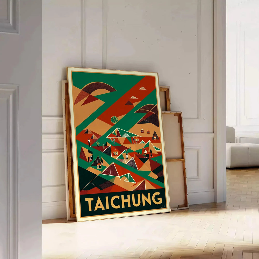 charm Taichung Taiwan vintage travel art deco poster vibrant red green hues sized stunning artwork space touch nostalgia home available