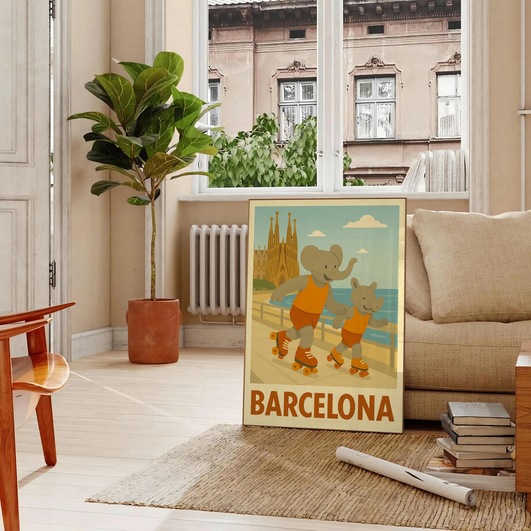 子供部屋を明るくする、遊び心満載の象とサイがローラーを楽しむポスター。鮮やかな緑とオレンジの色合いで、50x70または30x40のサイズから選べます。