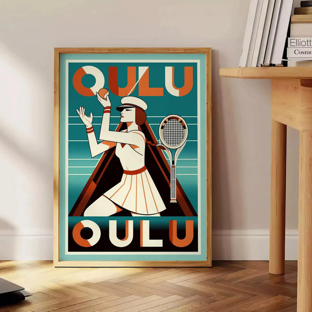 Poster vintage Art Déco di Oulu, Finlandia in tonalità rosse e arancioni