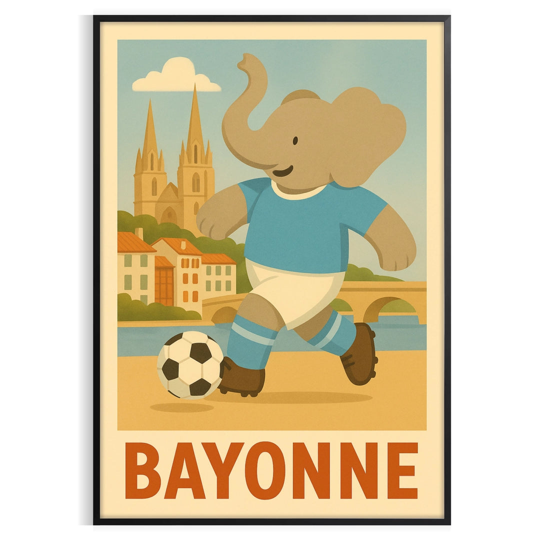 delightful Kid Elephant Bayonne Football poster vibrant gray green hues young sports enthusiasts eye art piece available dimensions touch fun room unframed formats