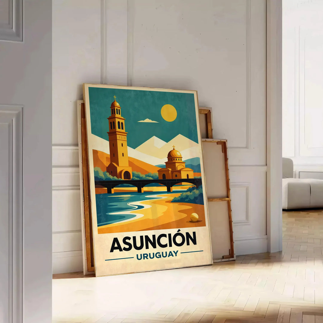 Vintage Art Déco poster of Asunción, Paraguay cityscape in orange and green