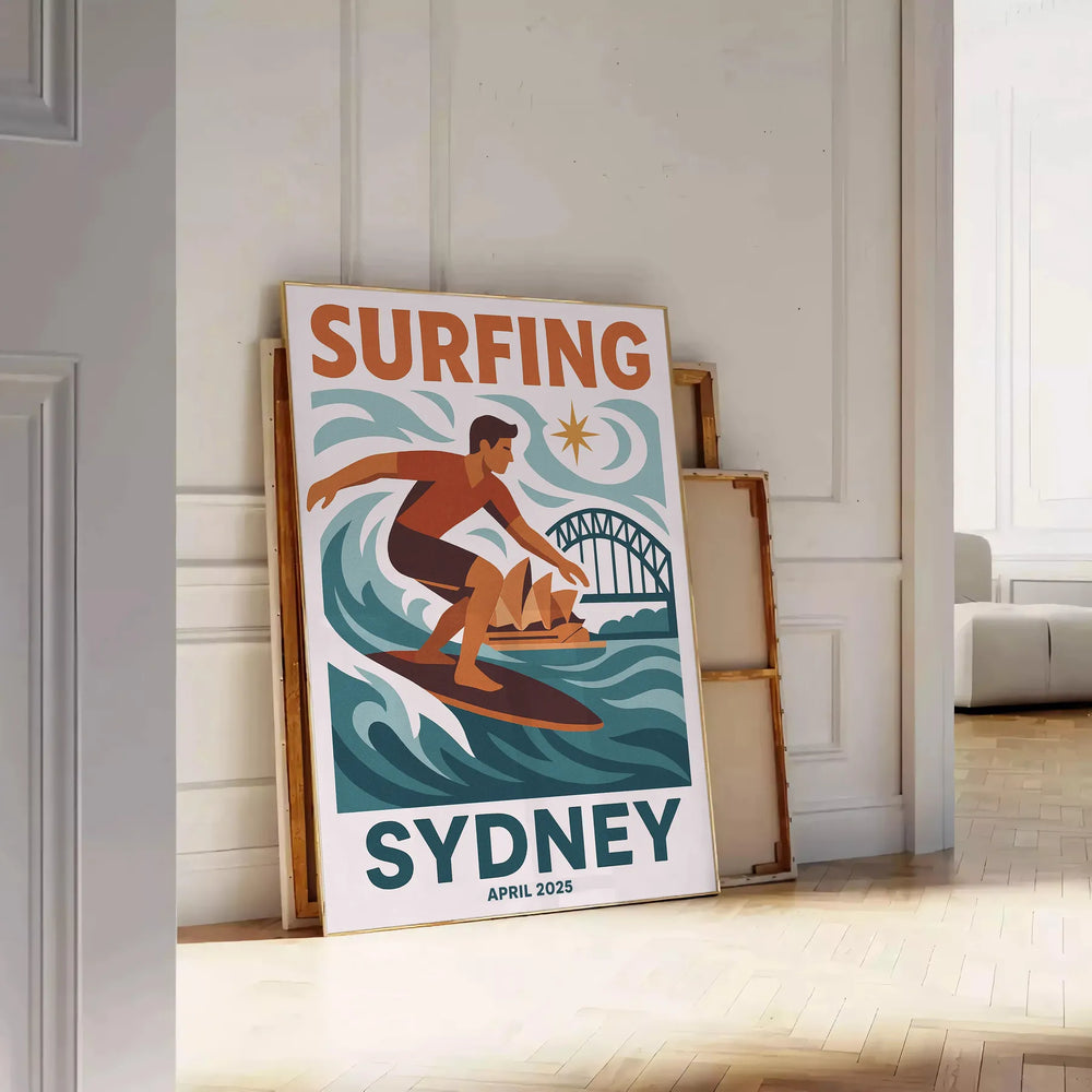space captivating Sydney Surf poster vibrant shades blue white essence ocean dimensions perfect addition enthusiast collection stunning visual experience artwork available