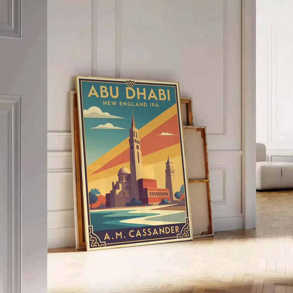 charm Abu Dhabi stunning vintage travel poster Art Deco elements vibrant purple green touch elegance space enthusiasts today framed unframed options
