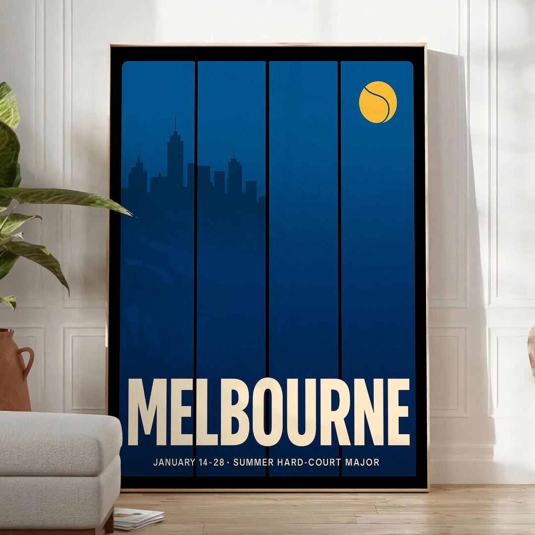 Pôster de Ténis de Melbourne com design vibrante em laranja e cinza, ideal para entusiastas do ténis. Disponível em vários ta