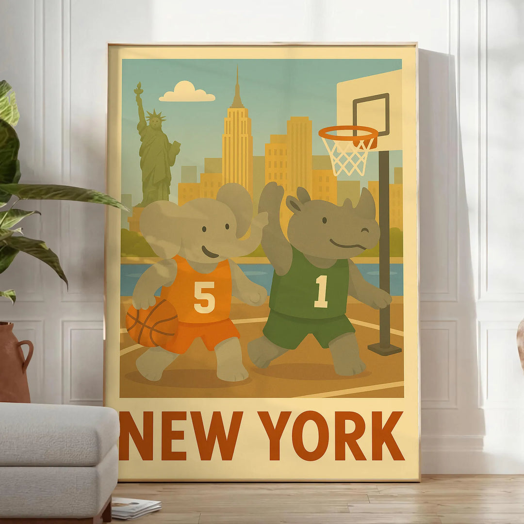 captivating Vintage Basketball Poster playful kid elephant rhinoceros New York scene stunning art deco masterpiece vibrant energy space gift chic wall decor