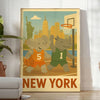captivating Vintage Basketball Poster playful kid elephant rhinoceros New York scene stunning art deco masterpiece vibrant energy space gift chic wall decor