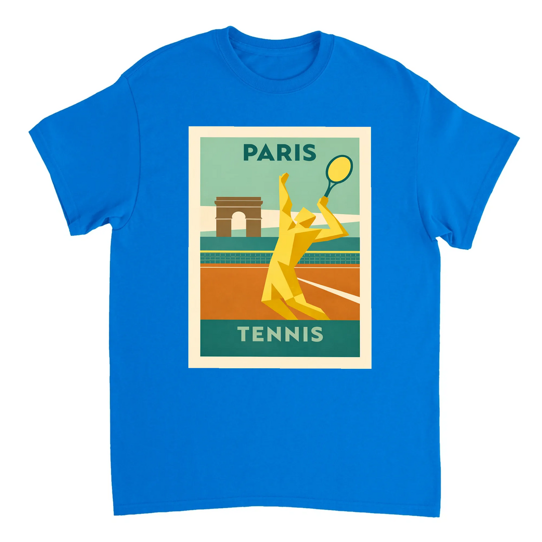 T-shirt featuring a graphic of tennis elements and Paris landmarks