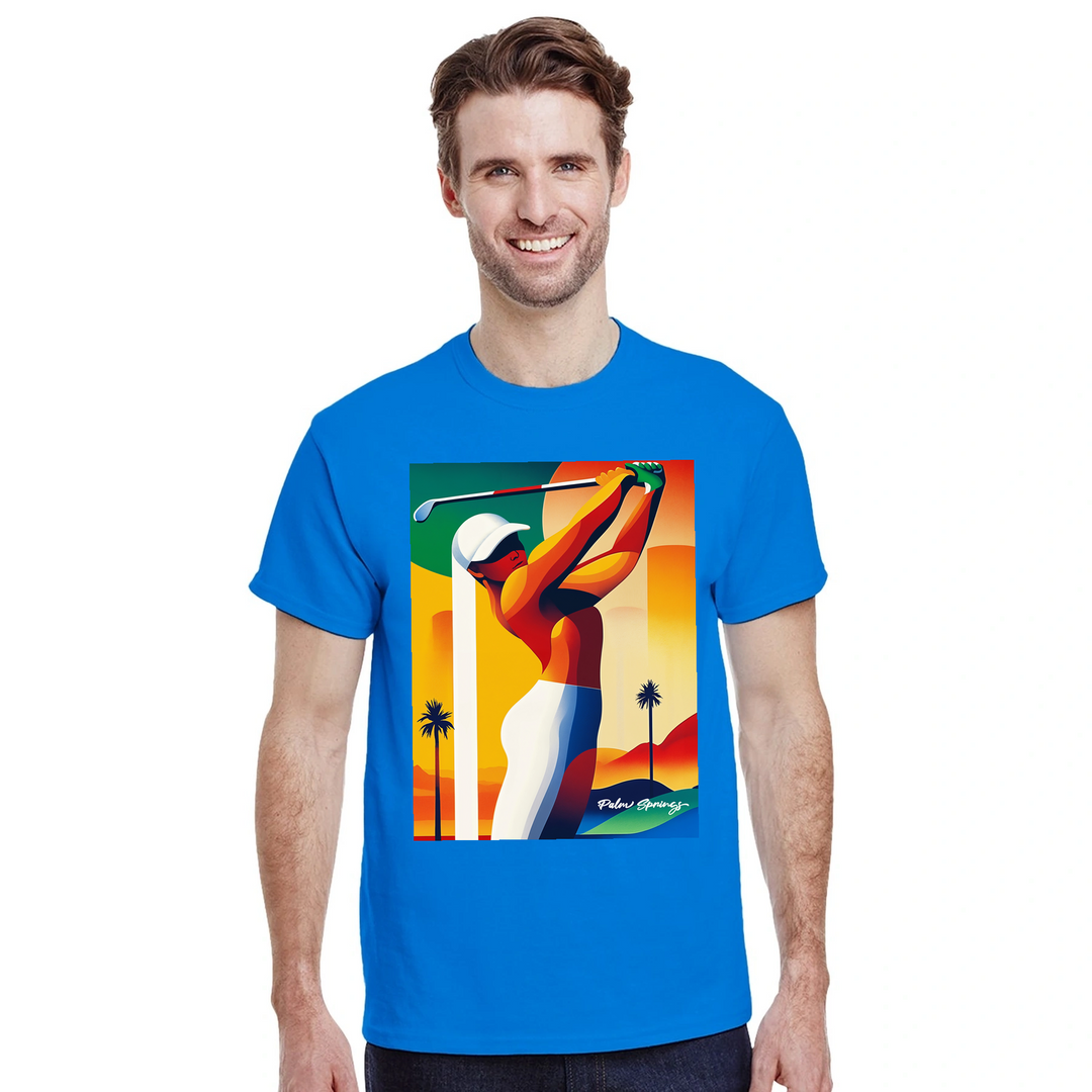 パームスプリングスのゴルフをイメージしたスタイリッシュなTシャツ。快適な着心地と耐久性のあるプレミアムコットンを使用。