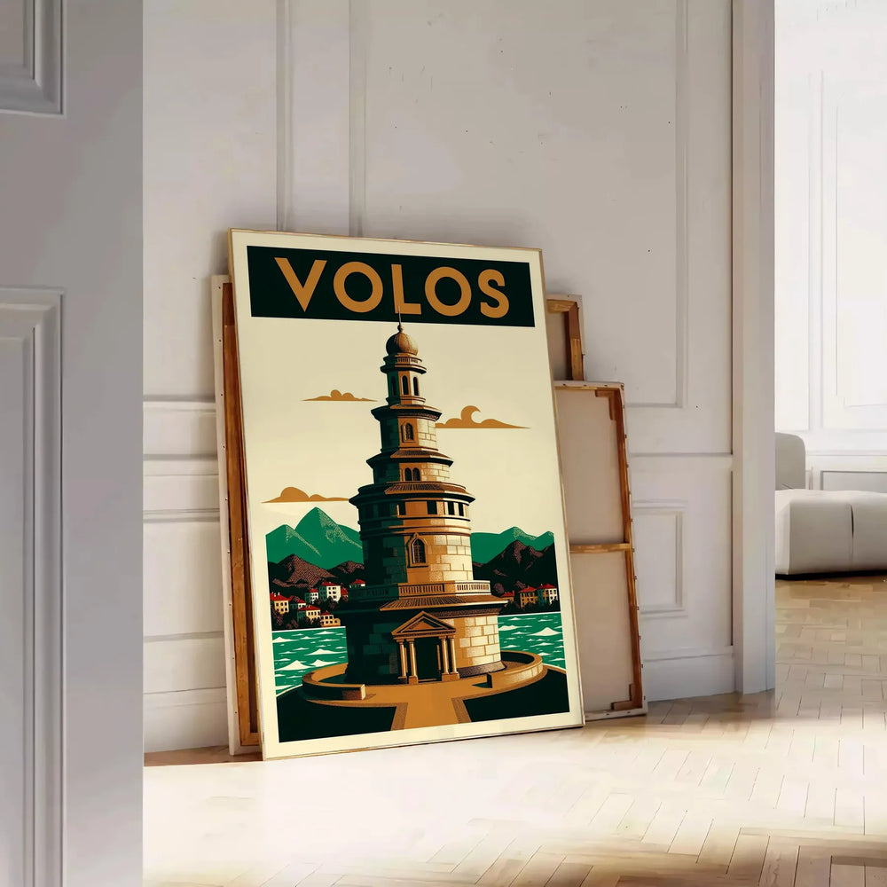 stunning Volos Greece Art Déco vintage poster captivating orange black design touch elegance space lovers decor available