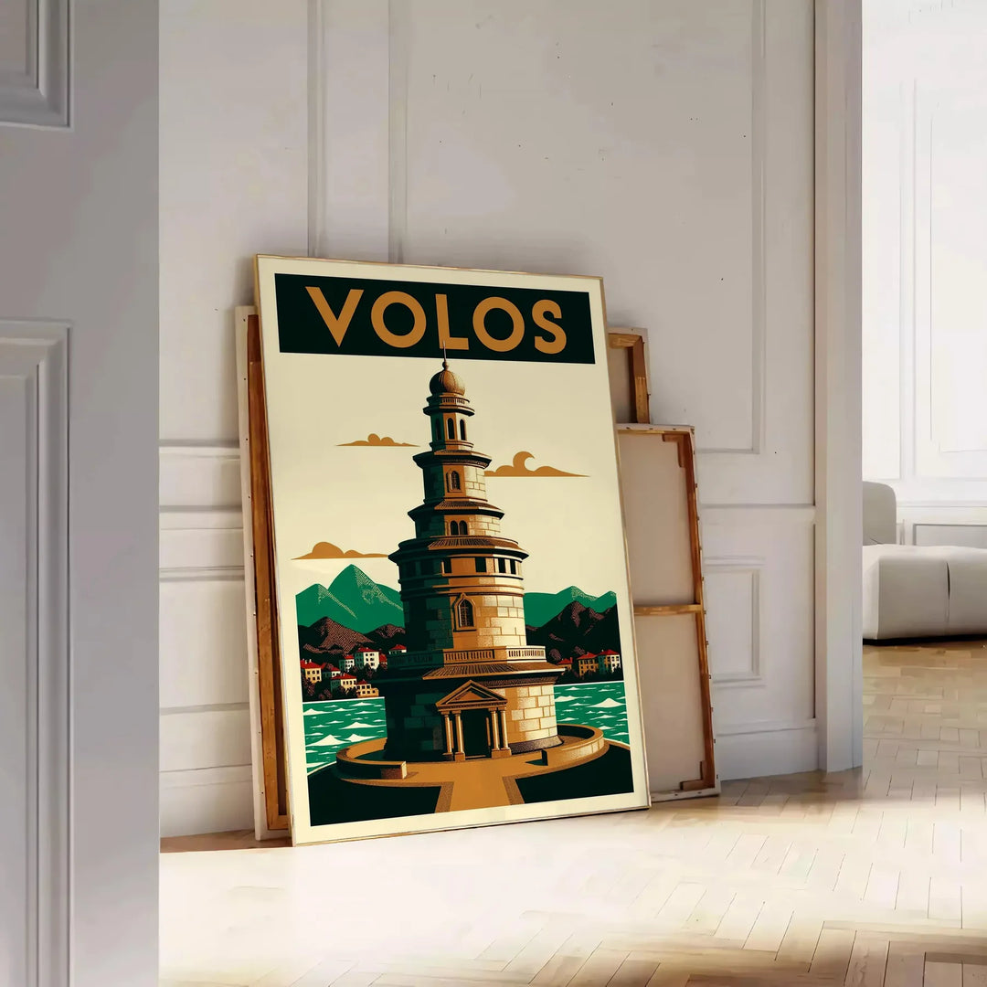 Poster vintage Art Déco Volos Grecia con motivo geometrico arancione e nero