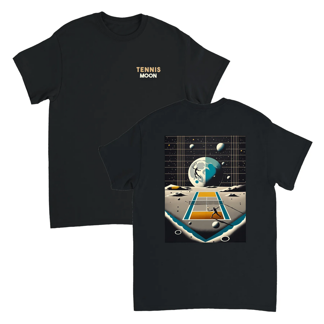 T-shirt Tennis Moon, design unico per appassionati di tennis e amanti delle stelle, realizzato in 100% cotone per il massimo