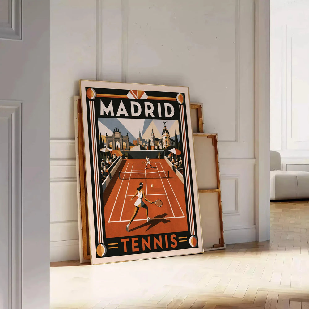 Abstract design featuring tennis elements in black and orange, inspired by Madrid