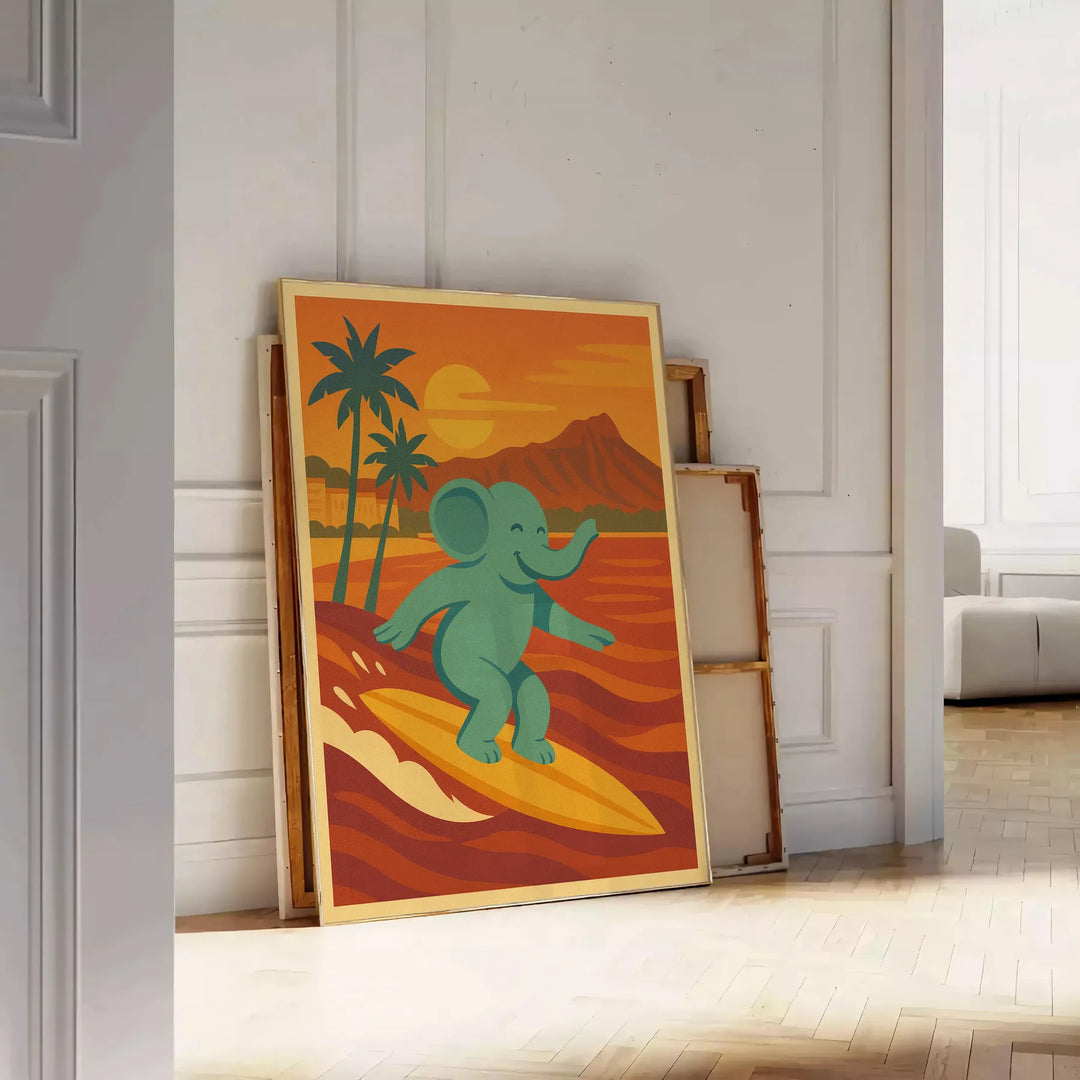 affiche adorable Kid Elephant Surf un incontournable une touche ludique décoration chambre enfant nuances gris vert art mural intérieur disponibles cm poster