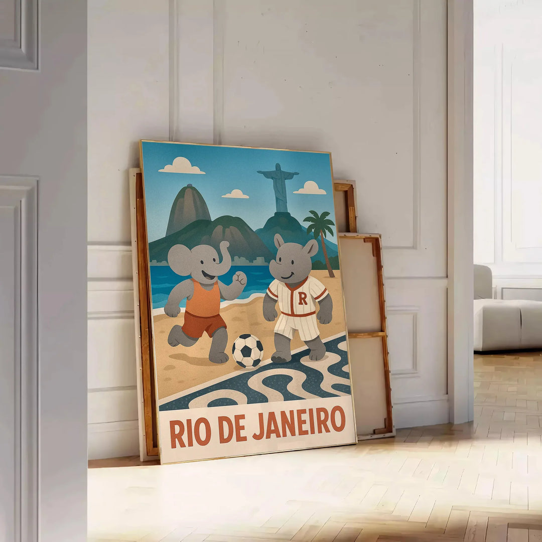 space vibrant poster playful kid elephant rhinoceros football lively spirit Rio de Janeiro orange blue hues perfect room dimensions cm size A4 A0