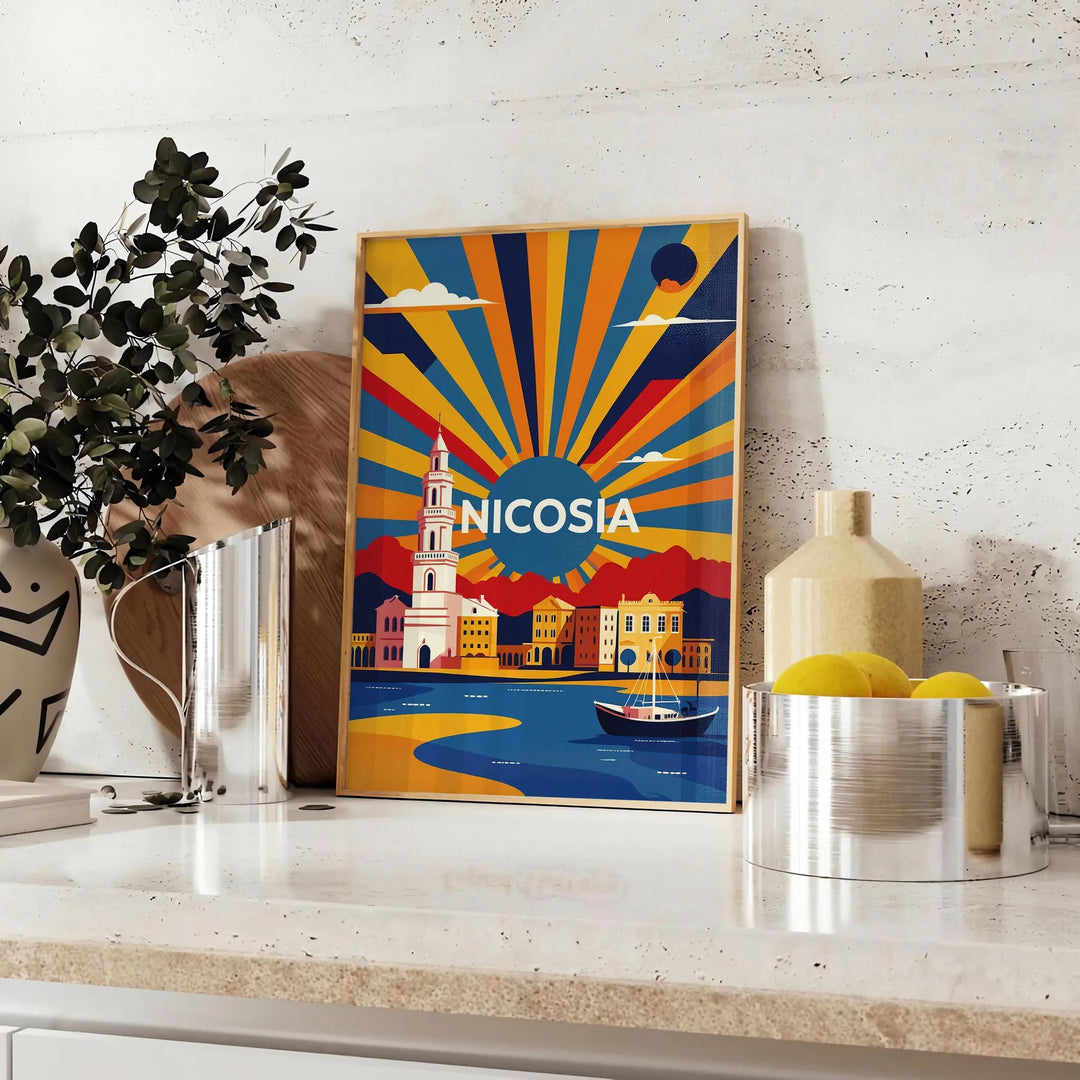 Manifesto vintage Art Déco di Nicosia, Cipro in arancione e rosso