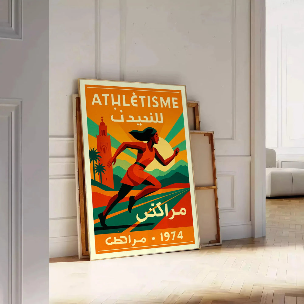vibrant 1974 Marrakech Athletics poster eye green red hues spirit competition sports enthusiasts art lovers stunning piece various sizes space A4 cm A0