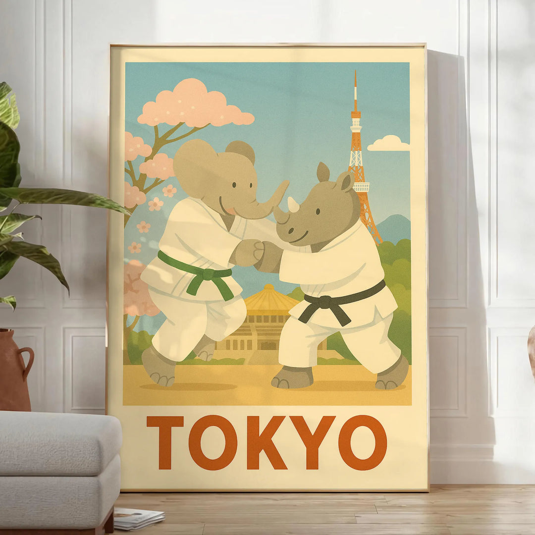 charming kid elephant rhinoceros judo poster perfect child room delightful gray green hues cm piece playful touch decor space unique artwork A4 A0