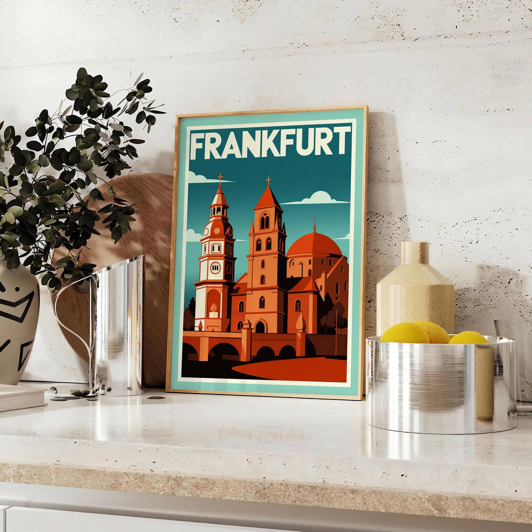 Plakat w stylu Art Déco przedstawiający Frankfurt, Niemcy, w intensywnych czerwonych i pomarańczowych odcieniach, idealny do