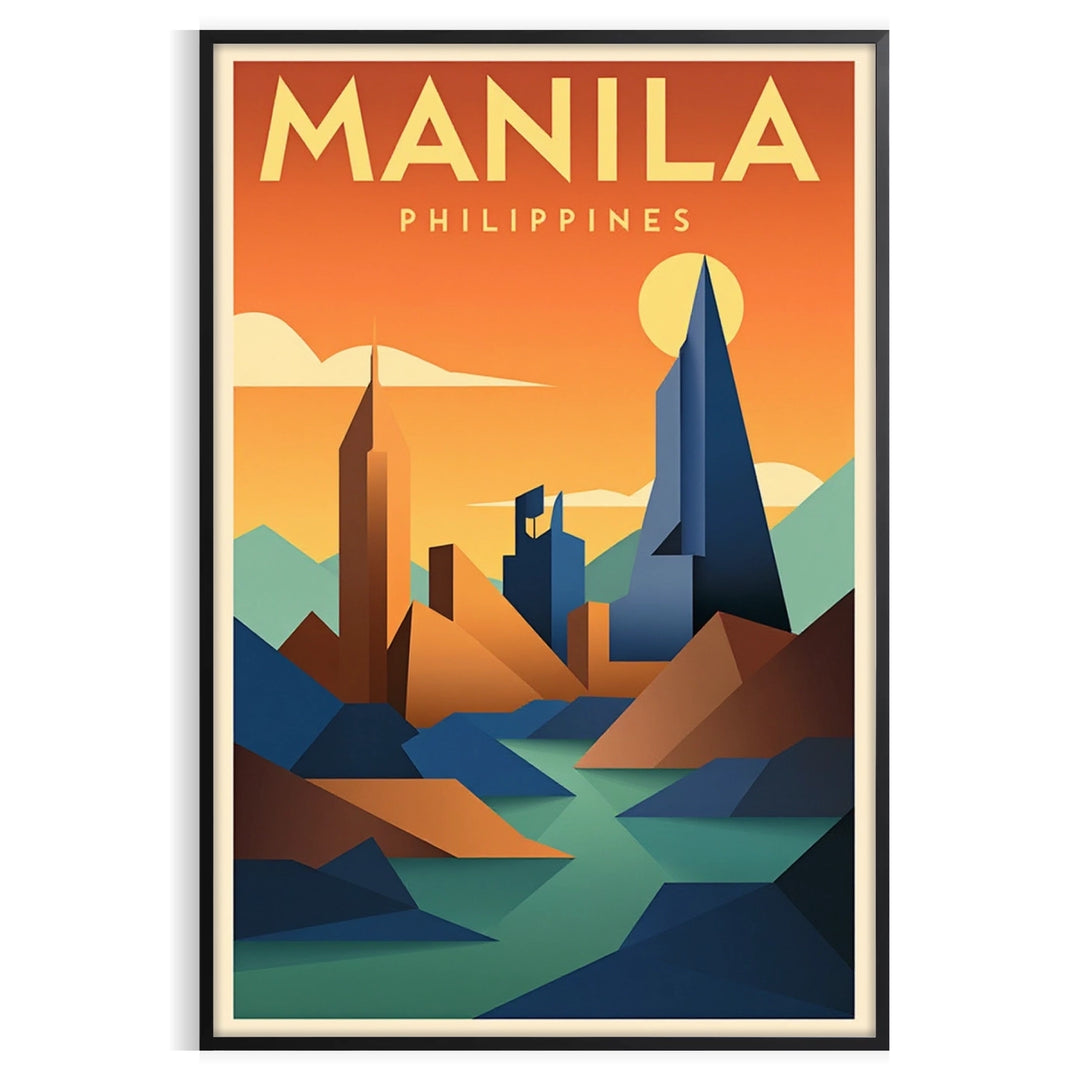 Art Deco poster featuring vintage Manila with warm orange and brown tones
