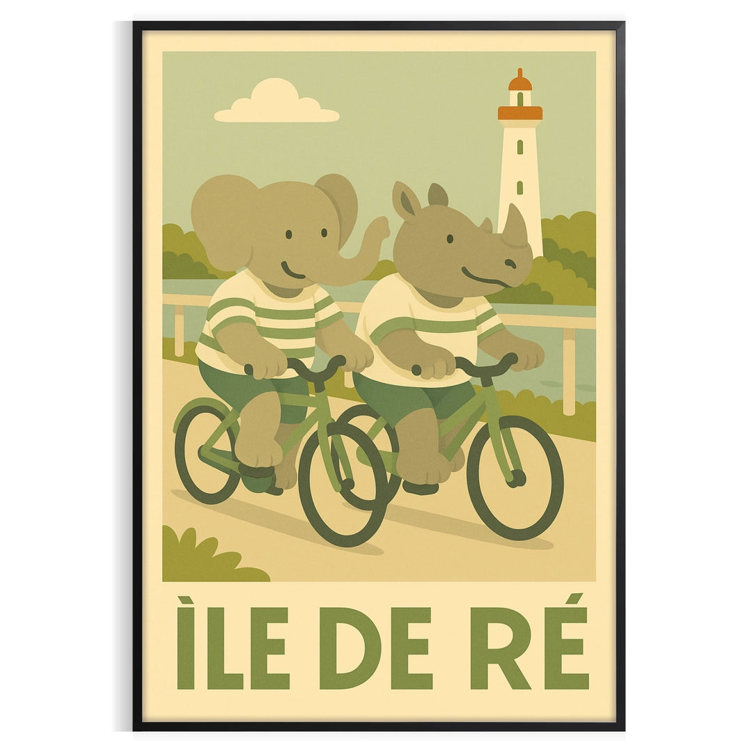 charming kid elephant rhinoceros cycling vibrant landscapes Île de Ré delightful poster soft gray green hues piece space joy walls available