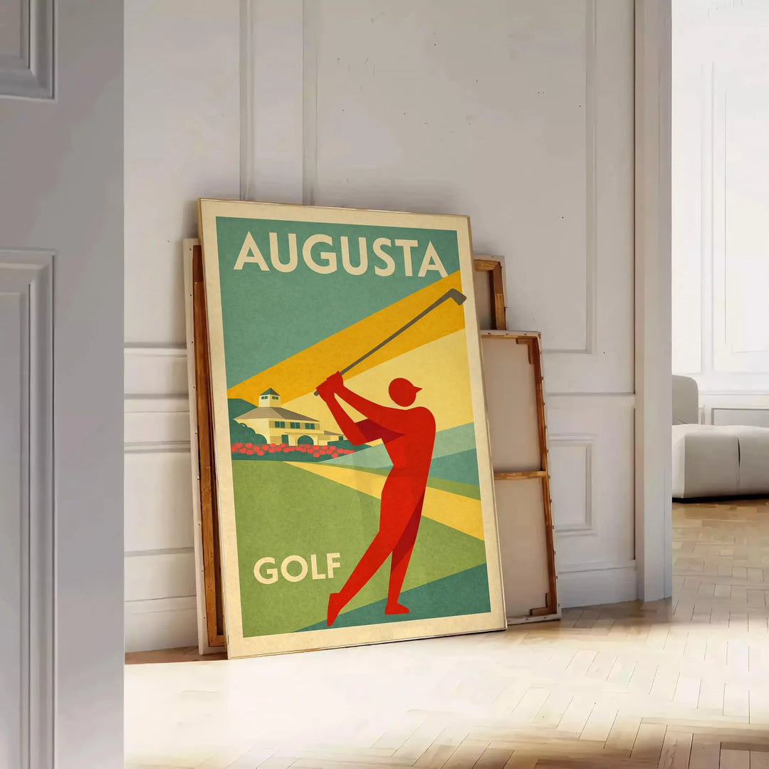 Pôster de estilo vintage apresentando uma cena de golfe em Augusta, Estados Unidos, com tons verdes e laranja