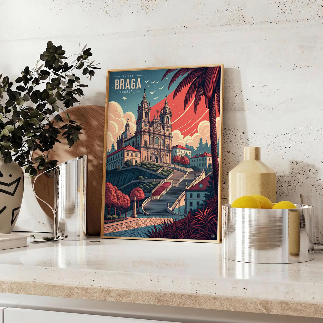 Poster vintage Art Déco di Braga, Portogallo in toni grigio e marrone