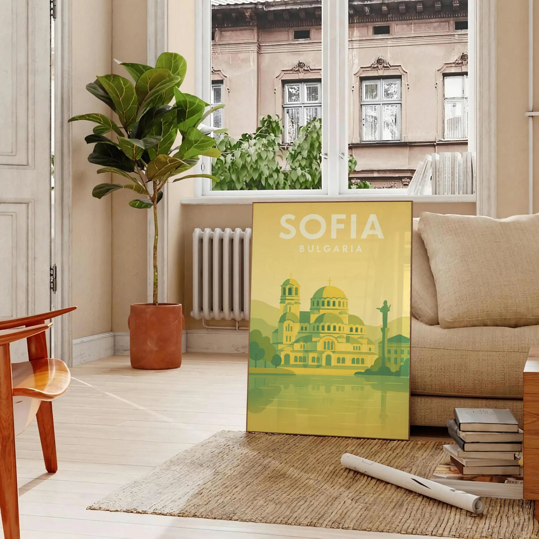 黄色 と 灰色 の ミニマル な Sofia 都市 アート ポスター、現代 的 グラフィック 印刷