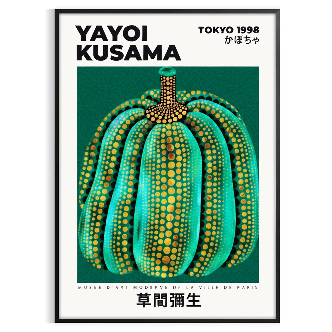 space vibrant Pumpkin Yayoi Kusama poster green white colors essence Japanese art sizes stunning statement decor available frame