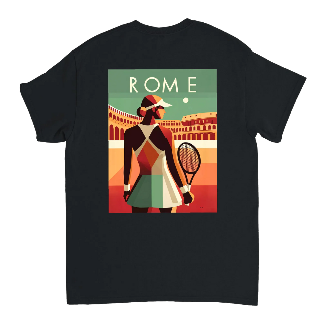 情熱的なファンとスタイリッシュなアスリートのためにデザインされたローマテニスTシャツ。コート内外での着用に最適な鮮やかなテニスグラフィックが特徴。柔らかく通気性のあるコットン素材で快適さを提供します。