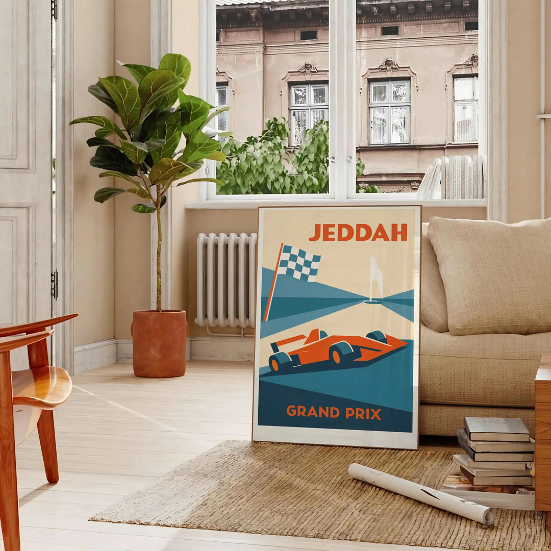 F1-poster med motiv från Jeddah, Saudiarabien. Finns i storlekarna 50x70 och 30x40, perfekt för att lyfta din inredning