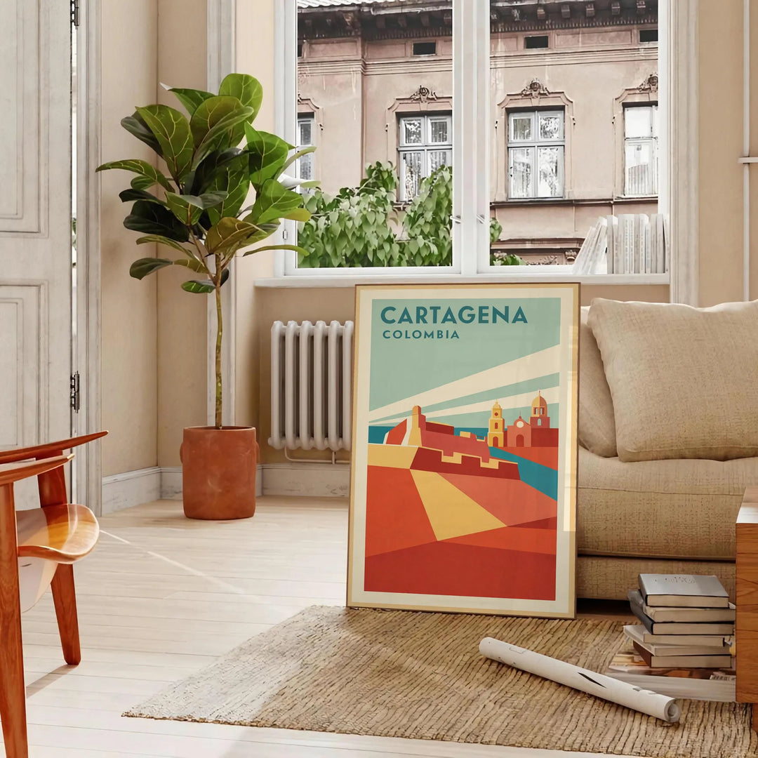 Plakat w stylu Art Deco przedstawiający Cartagena, Kolumbia w kolorach pomarańczowym i niebieskim