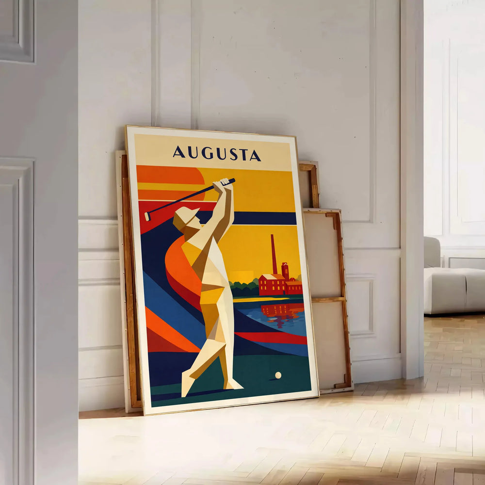 Vintage illustration of Augusta National Golf Club with green hills and blue skies
