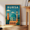 Green and blue stylized Bursa, Turkey travel poster with architectural skyline illustration