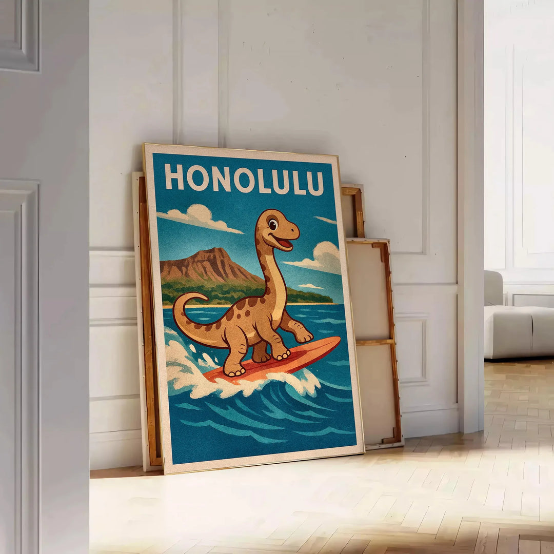 Färgglad dinosaurieposter för barn som surfar, perfekt för barnrum eller lekområde. Finns i flera storlekar