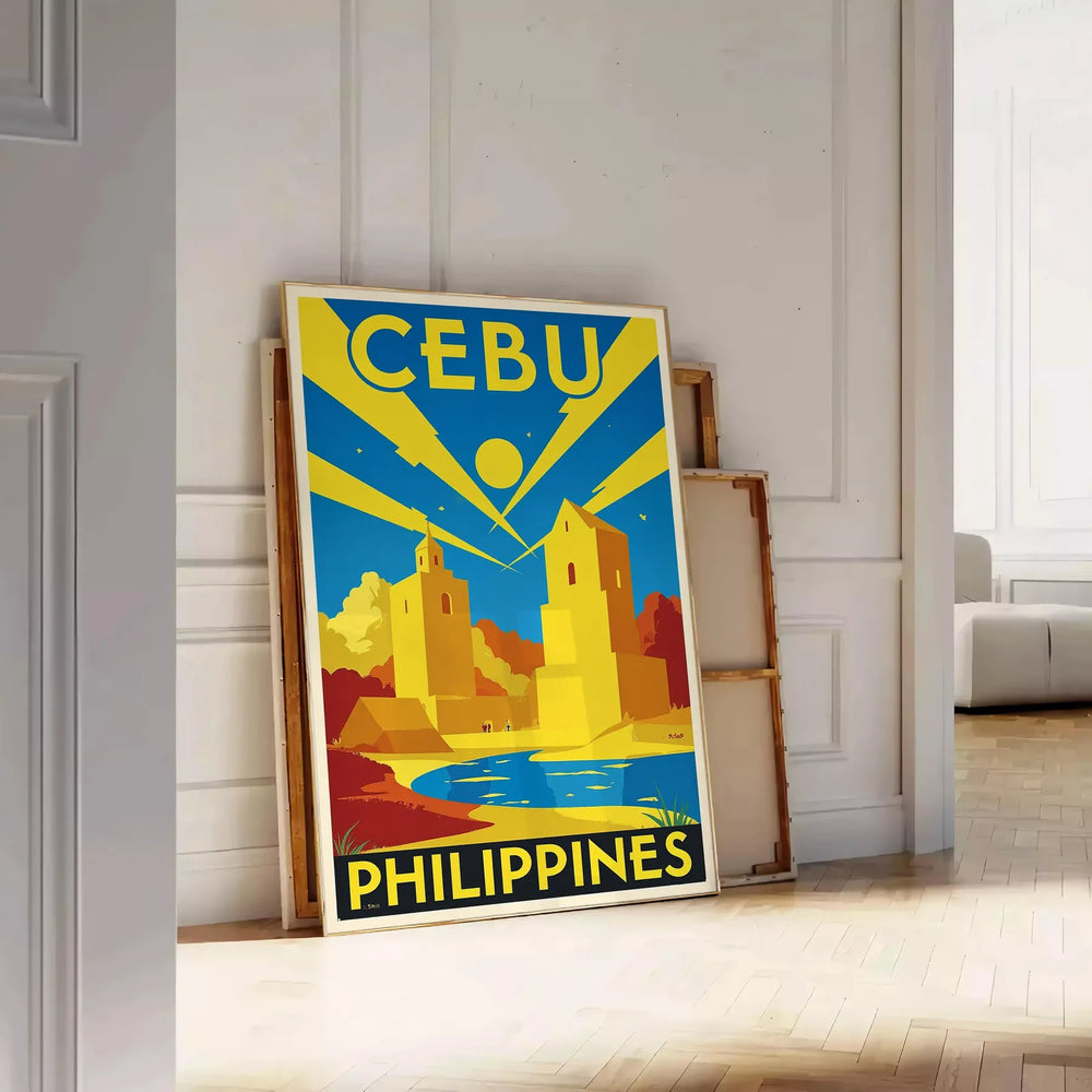 Art Deco poster featuring Cebu, Philippines with yellow and white tones