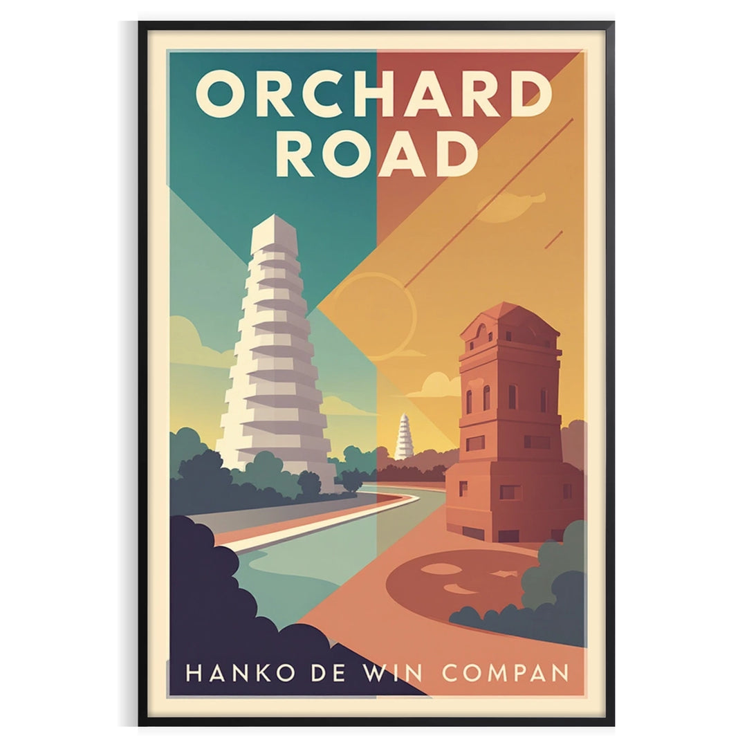 space vintage travel poster Orchard Road Singapore stunning Art Deco style gray blue tones essence nostalgia elegance unique piece decor unframed versions available