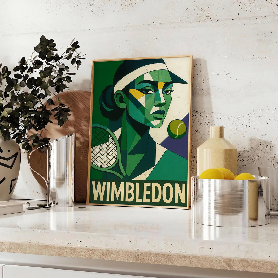 ウィンブルドンにインスパイアされたキュビストテニスポスター。グレーとグリーンの美しいデザインで、テニス愛好者にぴったりのアート作品。フレーム付きまたはフレームなしでお選びいただけます。