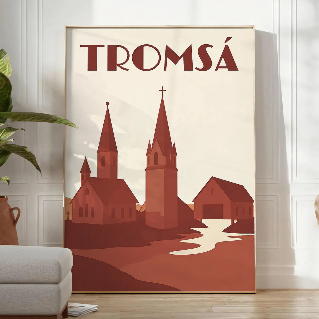 Vintage plakat Art D co przedstawiający urok Tromsø w Norwegii, dostępny w rozmiarach 50x70 lub 30x40, idealny do każdego wnę
