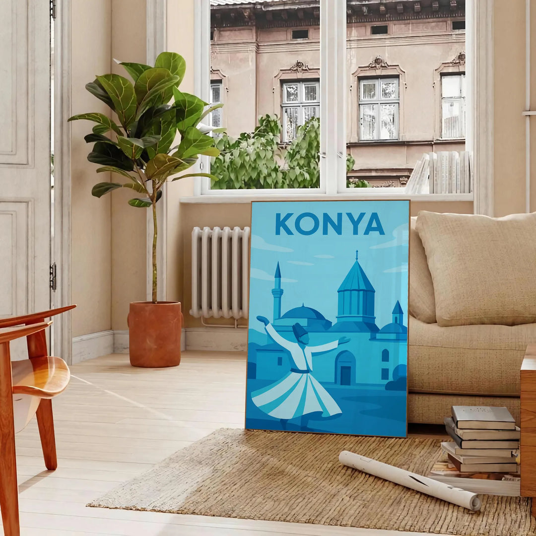 Blue stylized Konya, Turkey cityscape artwork on a printed poster