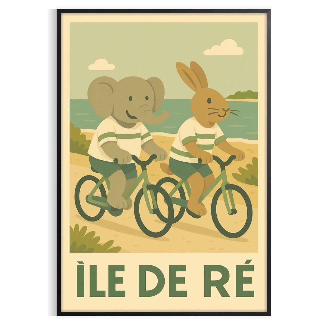 charming kid elephant rabbit cycling poster delightful gray green palette perfect child room area sizes artwork touch whimsy adventure unframed version enchanting today