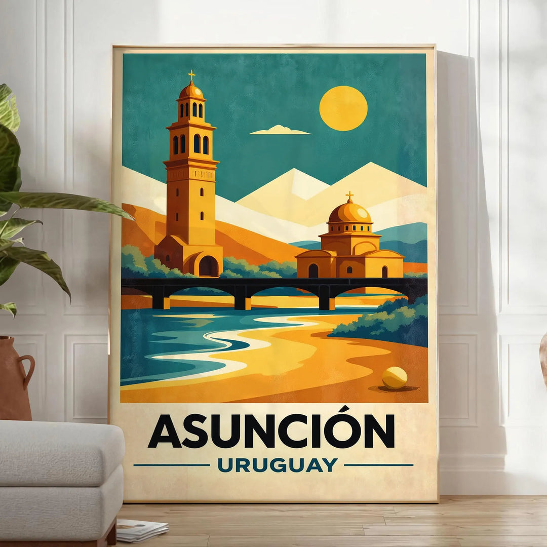 Vintage Art Déco poster of Asunción, Paraguay cityscape in orange and green