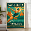 Peldēšanas Barselonas plakāts ar dzīvīgu dzeltenu un zaļu krāsu, pieejams rāmī vai bez tā