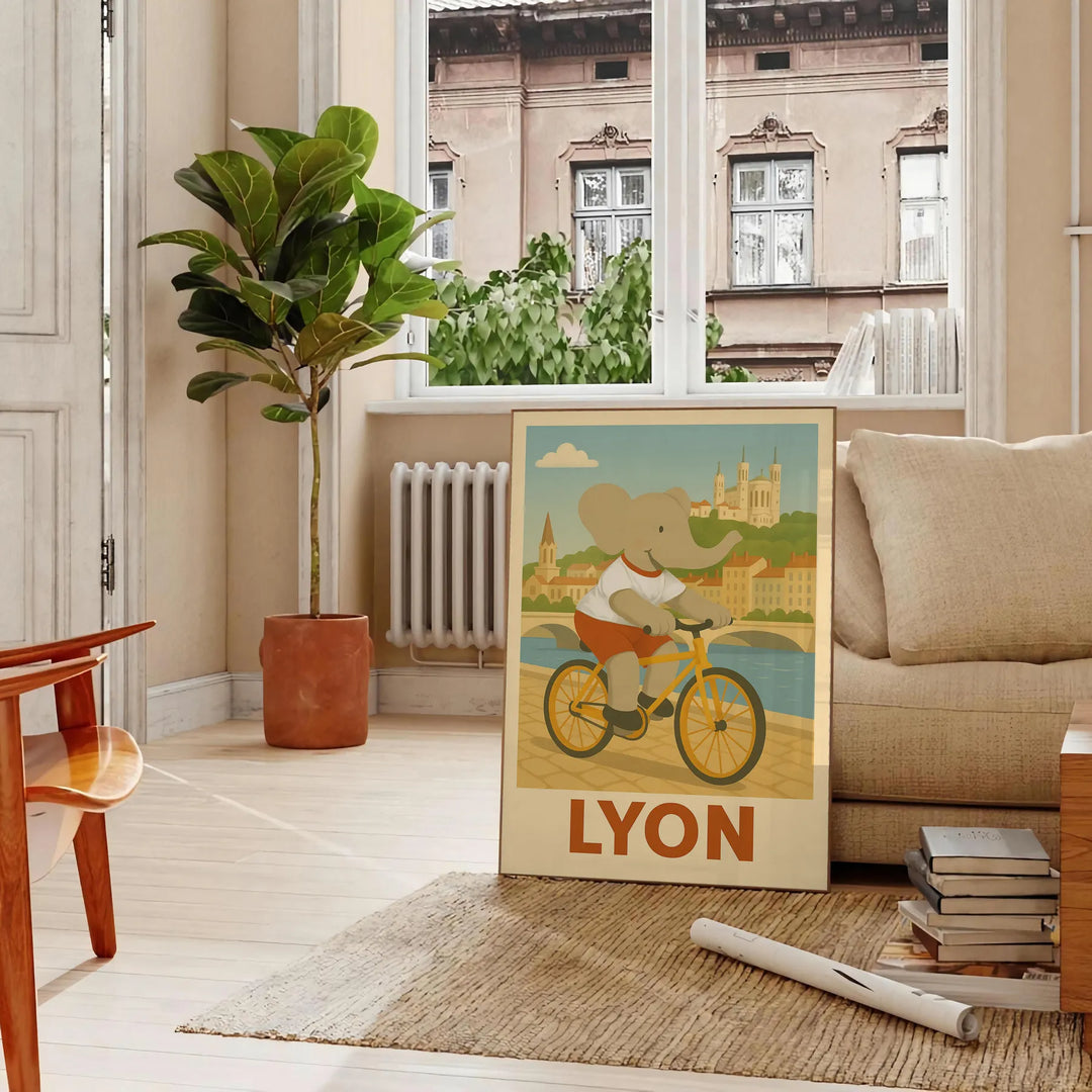 charming kid elephant cycling poster shades gray green whimsical touch space delightful decor choice today playful joy child room