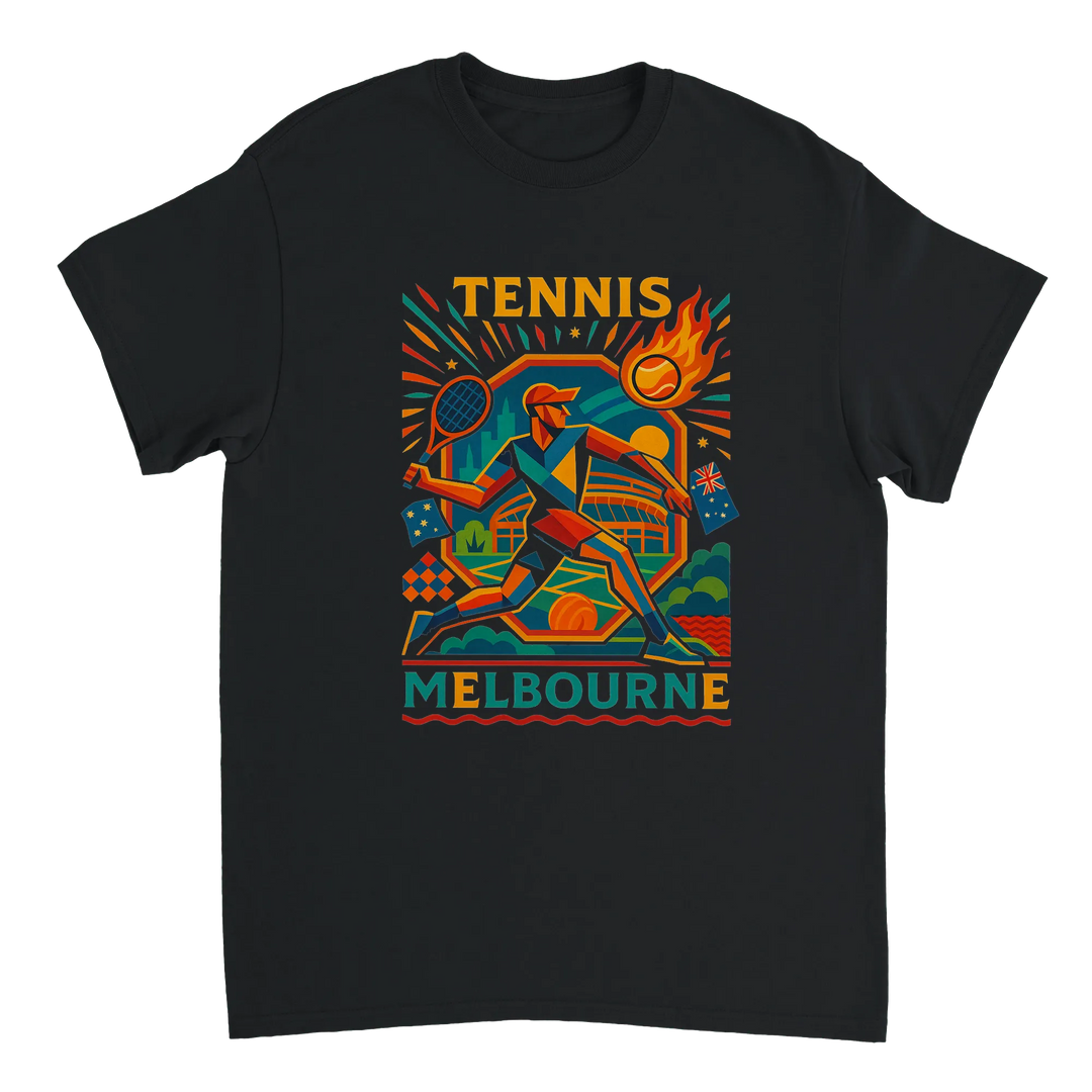 Image Black de Melbourne Vintage Cartoon Tennis Tshirt [color:black] [view:front]