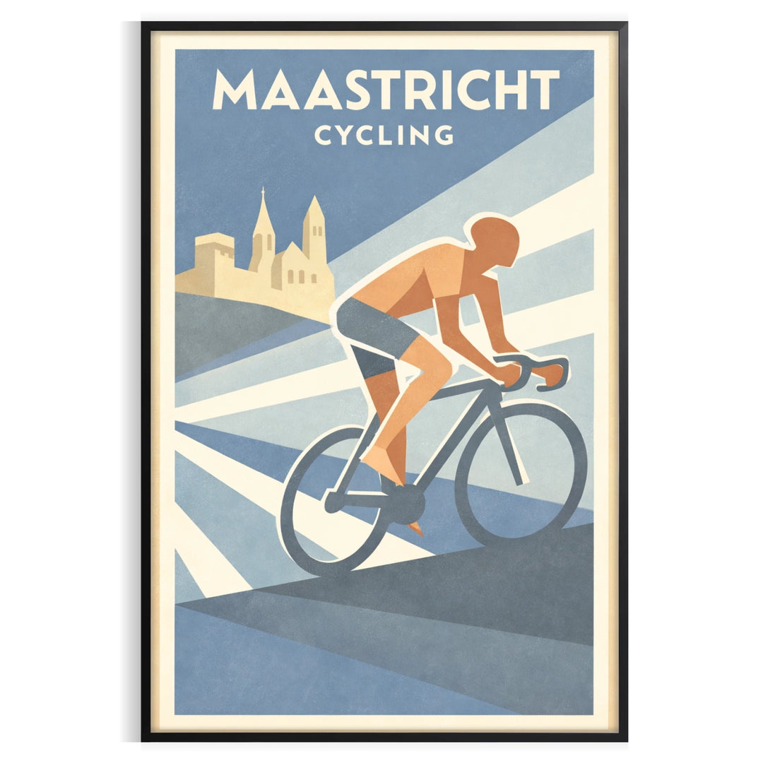 Plakat rowerowy Maastricht Pays-Bas z szaro-pomarańczowym wzorem, idealny dla miłośników kolarstwa i sztuki. Dostępny w różny